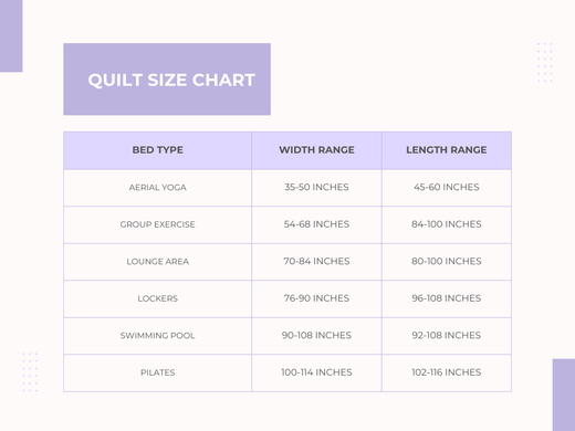 Crib/Toddler: 35-50" W x 45-60" L, Twin: 54-68" W x 84-100" L, Full/Double: 70-84" W x 80-100" L, Queen: 76-90" W x 96-108" L, King: 90-108" W x 92-108" L, and California King: 100-114" W x 102-116" L.