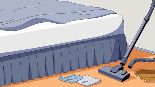 The bed is placed against a wall. There's a vacuum cleaner, a dustpan, and a soft cloth nearby.