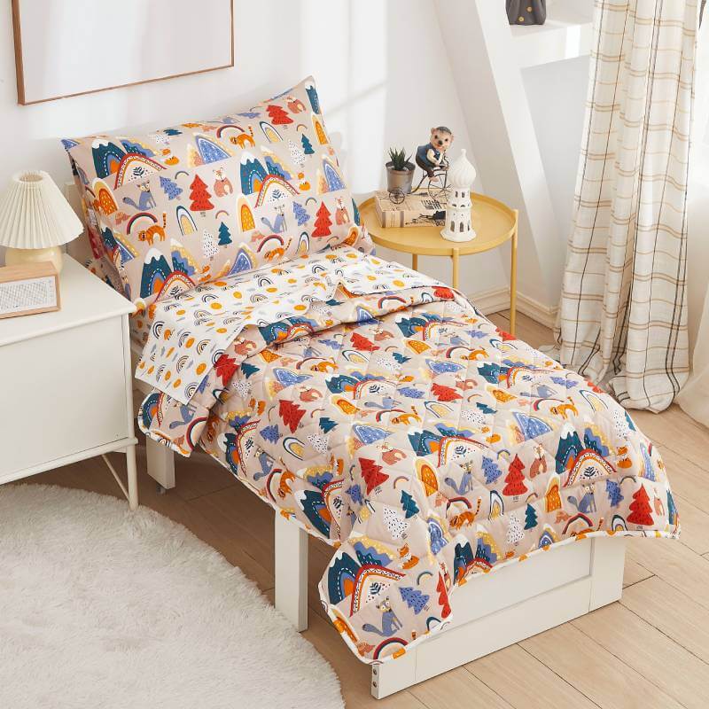 a toddler bed with fadfay todller bedding set