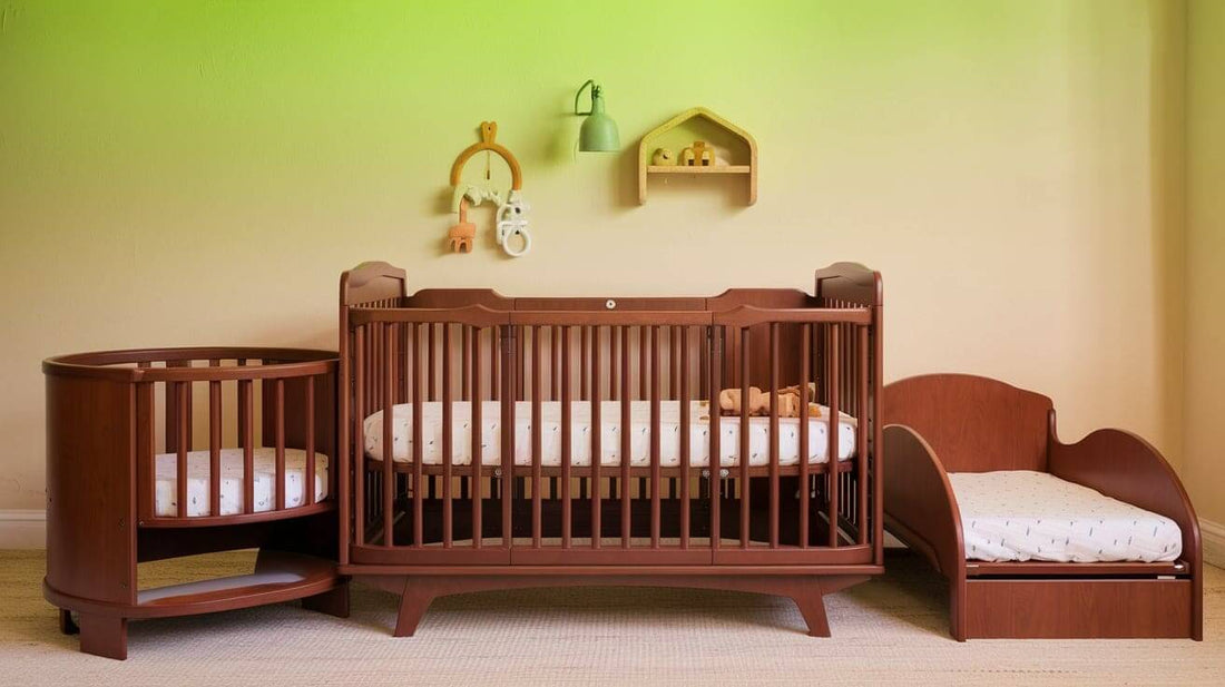 a convertible crib with a wooden frame and a white mattress. The crib has three detachable parts