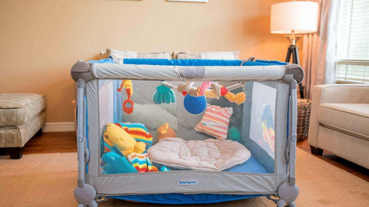 a Pack and Play playpen set up in a room. The playpen is filled with colorful toys and a soft cushion.