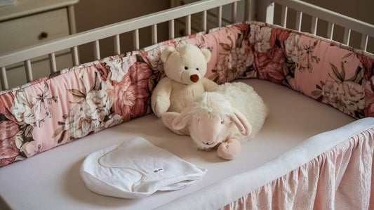 There is a soft, white crib sheet with a simple design and a floral bumper with a pink background and white flowers.