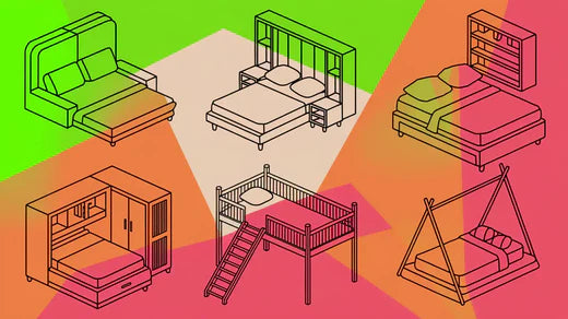 A line drawing of 7 uncommon bed sizes.