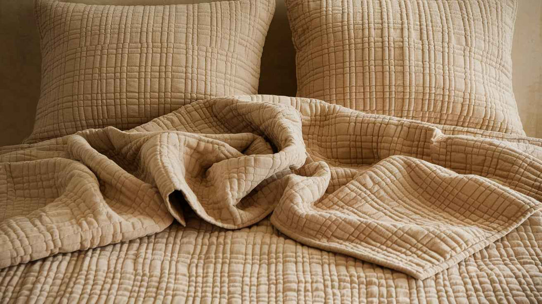 A photo of a matelassé fabric and matelassé coverlets. The fabric is a warm beige color with intricate woven patterns.