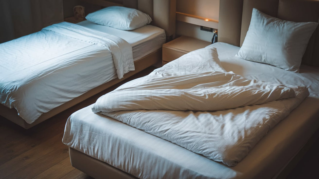 a twin and twin XL bed with white sheets. The twin bed has a single pillow and blanket, while the twin XL bed has a larger pillow and blanket covering most of the bed