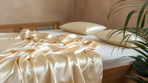 a vegan silk bedsheet spread across a bed. The sheet is a soft, creamy white color