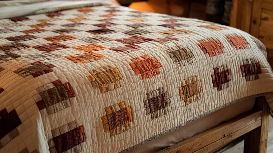 The coverlet is a soft, decorative layer placed on top of the bed. The quilted coverlet is made of a thick fabric with a pattern of over-stitched squares.