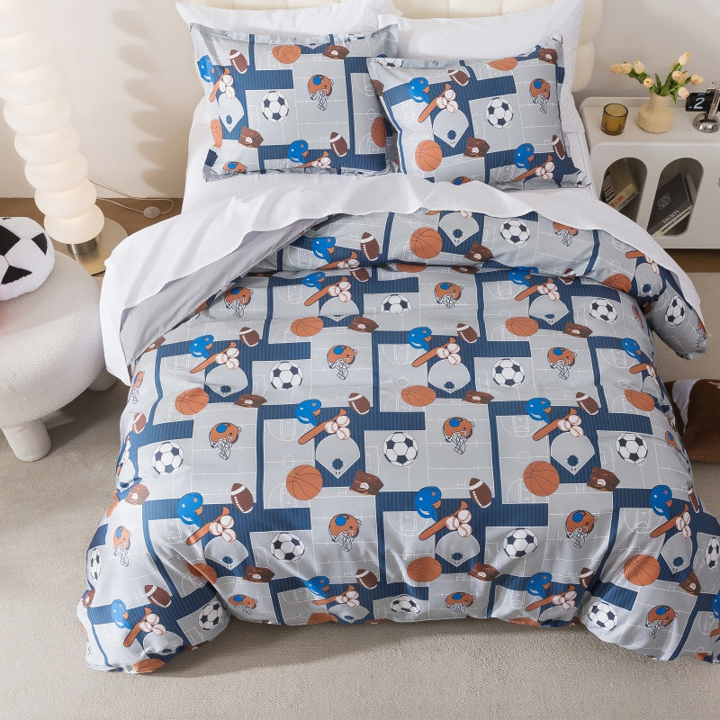 Neatly made bed with white comforter in a bright bedroom setting