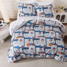 Neatly made bed with white comforter in a bright bedroom setting