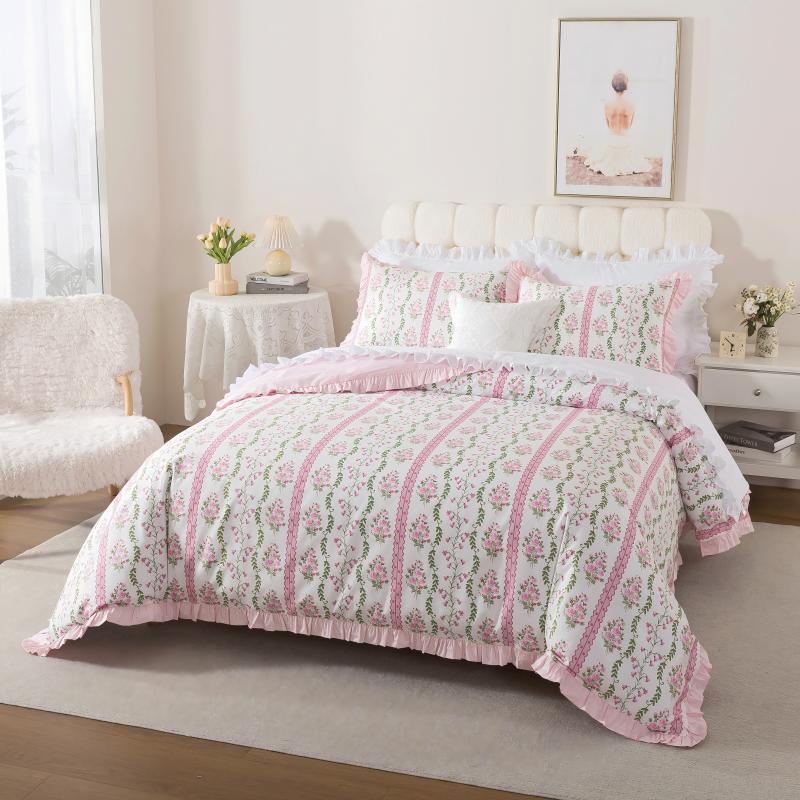 Bed with floral-patterned bedding in a bright bedroom setting