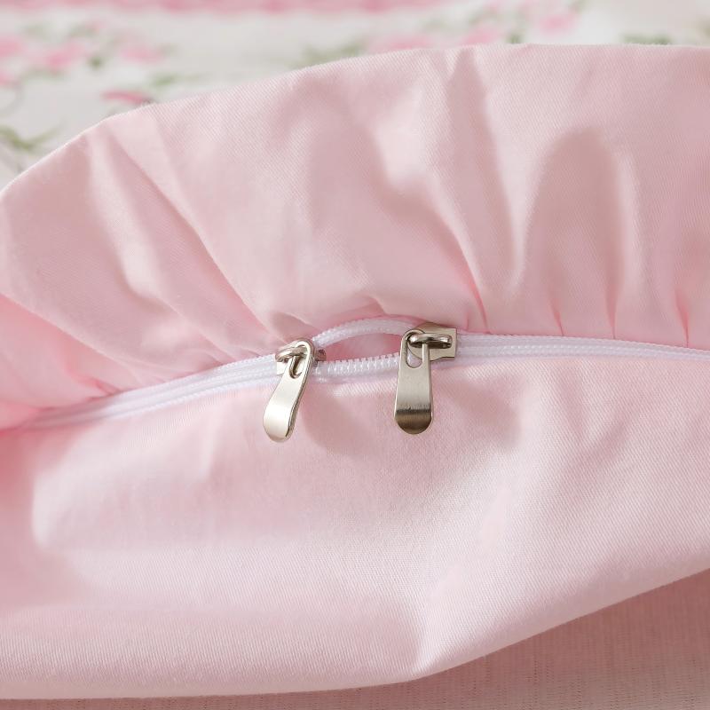 Close-up of a zipper on a floral-patterned fabric with a soft focus background.