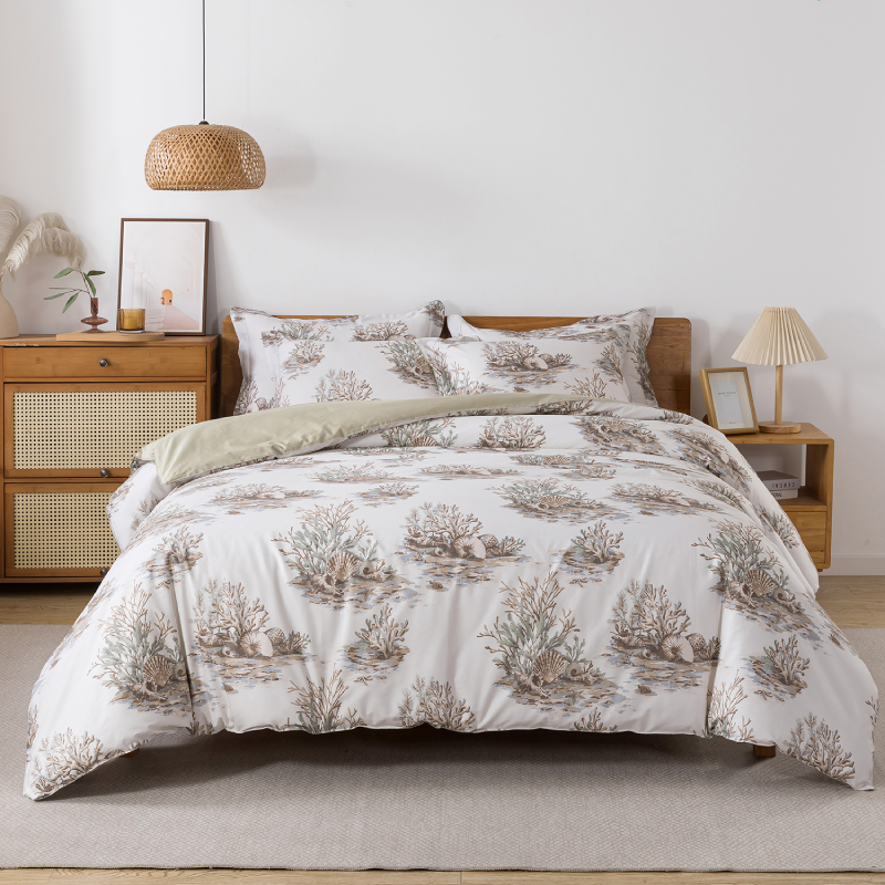 Neatly made bed with white comforter in a bright bedroom setting