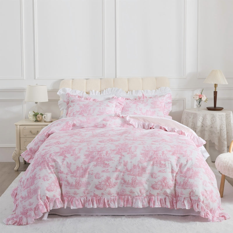 Neatly made bed with white comforter in a bright bedroom setting