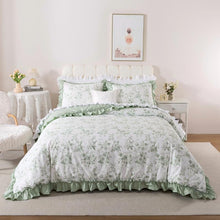 Neatly made bed with white comforter in a bright bedroom setting