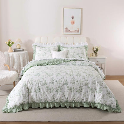 Neatly made bed with white comforter in a bright bedroom setting
