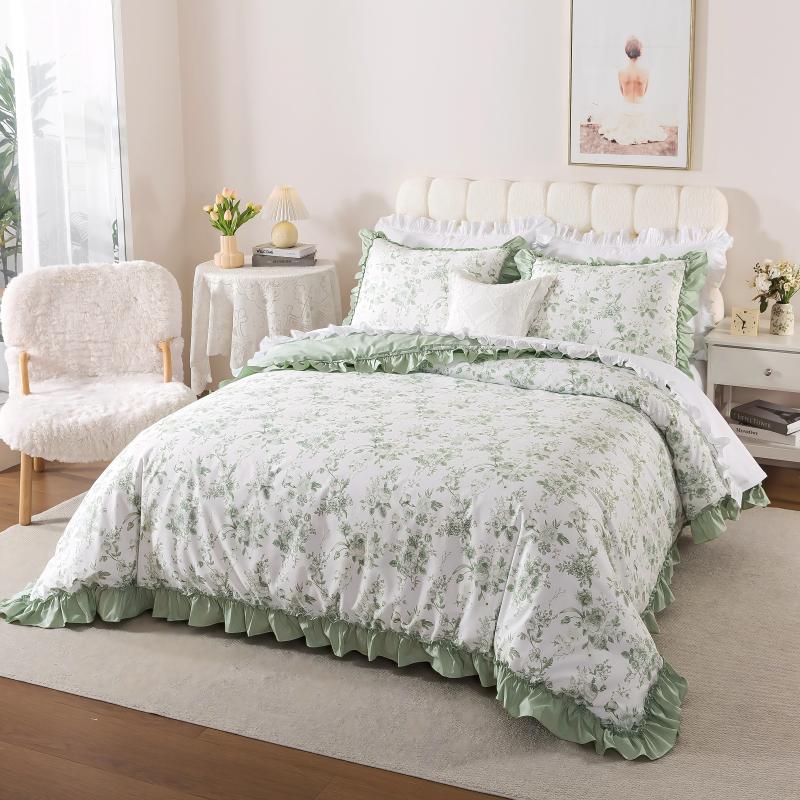 Bed with floral-patterned bedding in a bright bedroom setting