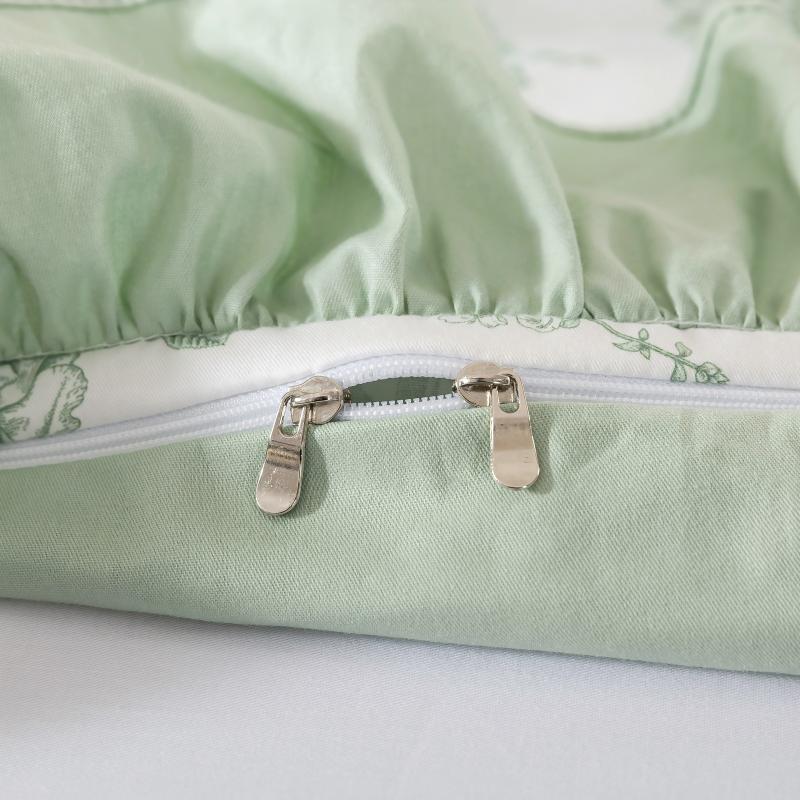 Close-up of a zipper on a floral-patterned fabric with a soft focus background.