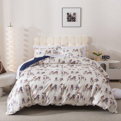 Neatly made bed with white comforter in a bright bedroom setting