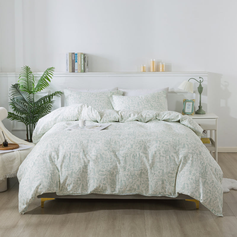Neatly made bed with white bedding in a bright bedroom setting.