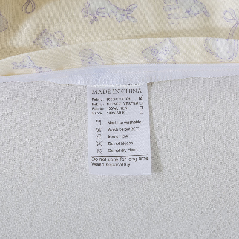 Fabric with a care label on a patterned background