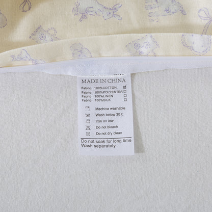 Fabric with a care label on a patterned background